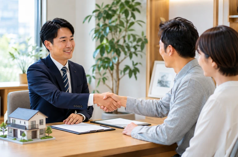住宅模型を囲む不動産相談